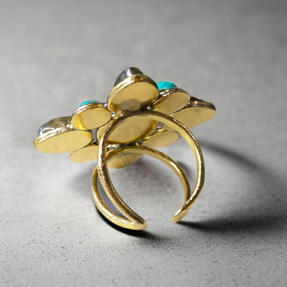 18k Gold Plated Maltese Cross Genuine Turquoise Labradorite Onyx Gemstone Ring